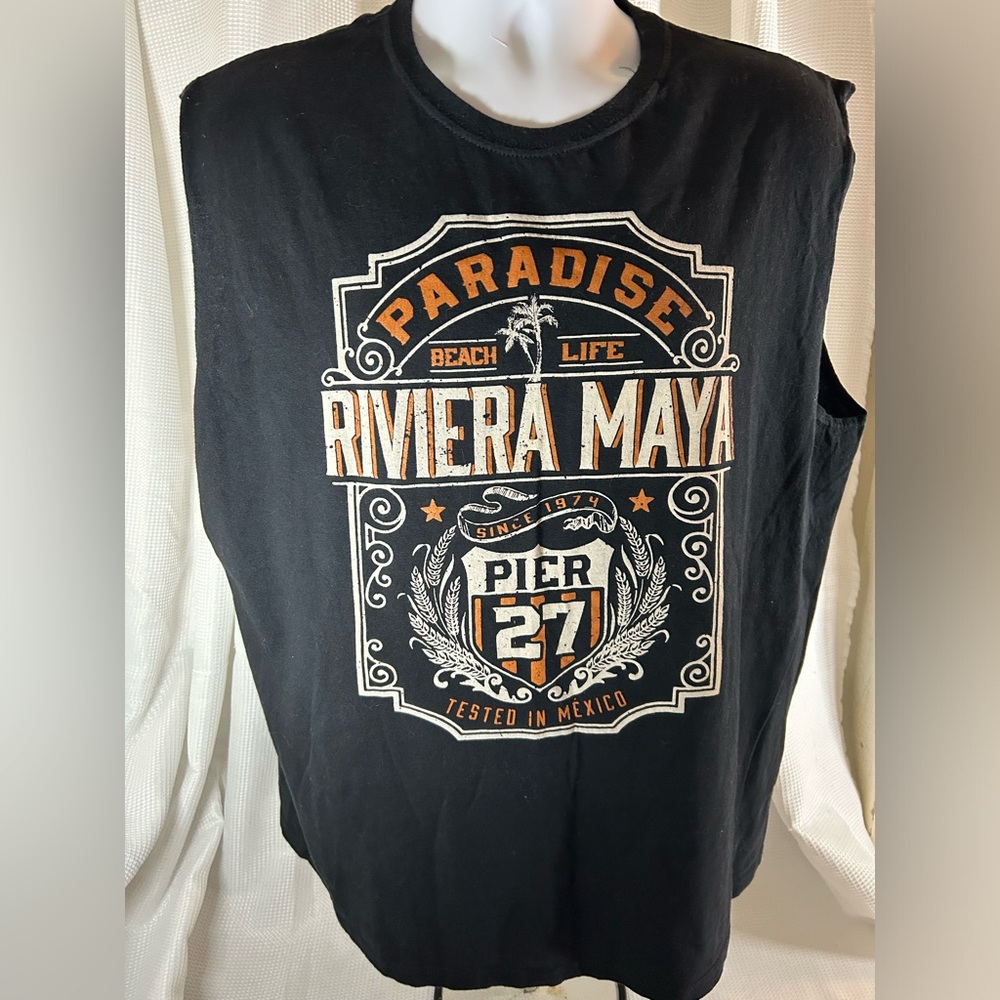 Beach rules, Pier 27 black muscle shirt sleeveless graphics on the front men’s